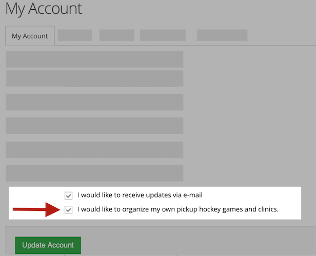 My account screen showing organizer checkbox and update button