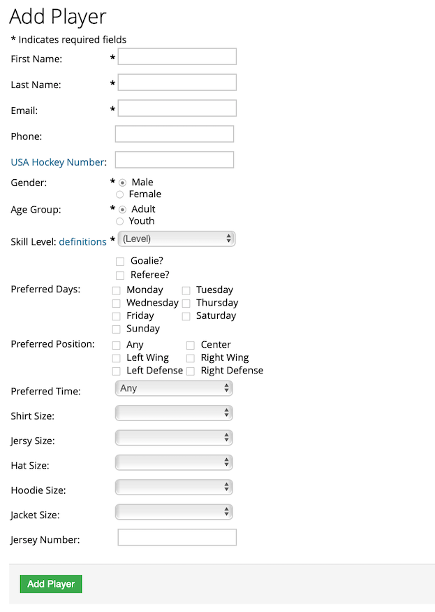 Example of Player Information form