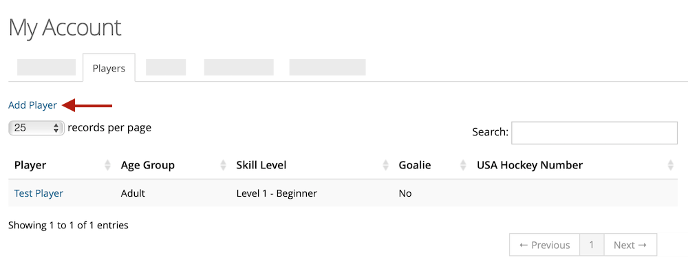 My Account Screen Showing 'Add Player' Link