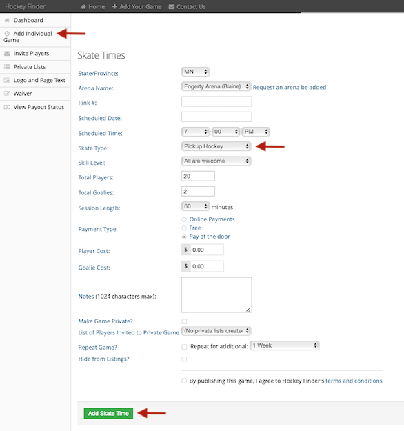 Example of add skate time form