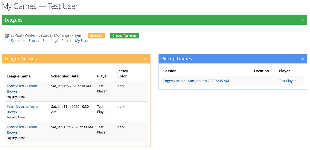 Example of my games dashboard showing pickup and league games
