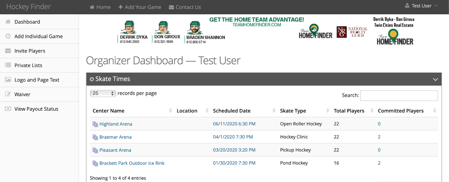 Example of organizer dashboard screen