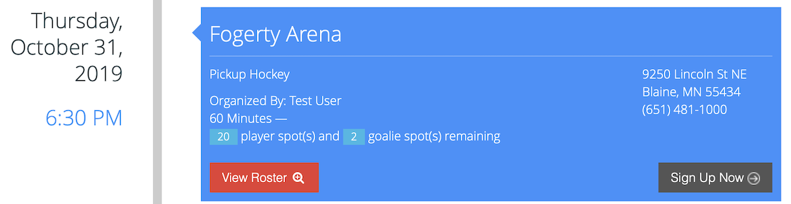 Example of pickup hockey game summary screen